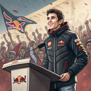 Marc Marquez, Spanish motorcycle racer, standing at a podium. Wearing a black jacket with Red Bull logo. A crowd of fans in the background.