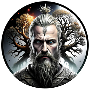 Wikinger mit zwei Gesichtern baum yggdrasil – and weapons high-definition design grey and black, realistic tattoo design, white background