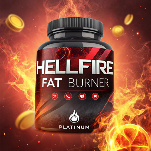 Digital marketing campaign for Hellfire Fat Burner by Platinum. Design: Fiery background, product highlighted. Instagram feed: Social media post, bold aesthetic, focusing on product name and diet phase suitability.