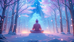 A person meditating in a snowy forest, with the soft sound of snowflakes falling and the occasional rustle of a gentle breeze through the bare trees.
