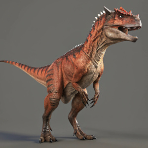 A detailed 3D render of a Carnotaurus. Digital art of prehistoric creature. Reddish-brown dinosaur with sharp teeth, muscular body, and long tail. Neutral gray background.