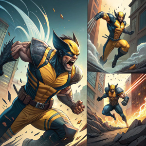 Wolverine, portrayed in a series of energetic poses within a comic book layout. Dynamic artwork highlighting action sequences and vibrant movements across multiple panels.