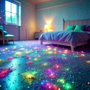 close up real bedroom  night super Intensive The Bioluminescent phenomenon Bioluminescent iridescence real bedroom very light soft pastel  super bright glitter super Intensive Bioluminescent  cute super bright  made of glass super  ultra   super bright   magic  