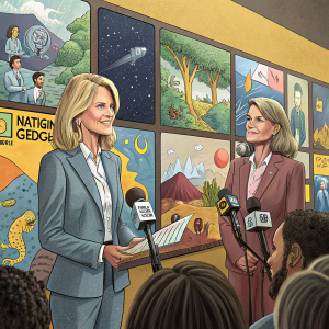 Martha Raddatz and Greta Bradlee, both journalists, standing in front of a colorful National Geographic mural at a press conference.