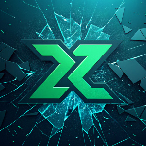 A sleek, modern logo for XYZ Corporation. The logo is a large, vibrant, green geometric design against a backdrop of shattered, dark glass with shimmering blue hues.