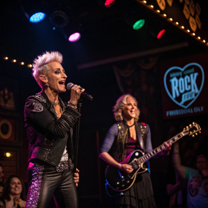 Frankie Grande and Joan Grande performing at Rock of Ages event in The Bourbon Room, Hollywood, California. Spotlighted stage