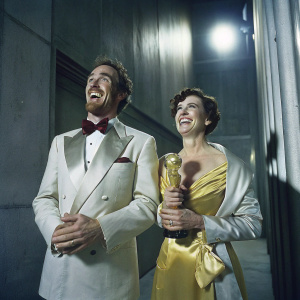John C. McGinley and Nichole Kessler at the award ceremony. They wear formal attire, smiling brightly. Grey backdrop