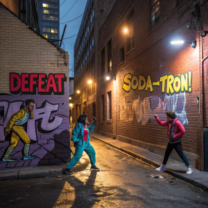 Illustration of a vibrant street fight. Graffiti style. Characters shouting 'DEFEAT' and 'SODA-TRON!' in bold, colorful letters. Background: urban alleyway with brick walls and flickering streetlights.