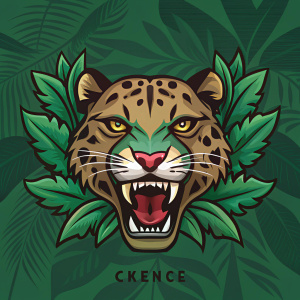 square image with an angry  leopard face with teeths. Background is with green leaves. On the bottom there is a big word Creonce. 