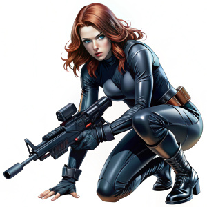 marvel style, black widow,hold a machine gun,aquatting