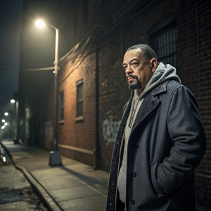 Ice-T, character Odafin 'Fin' Tutuola from 'LAW & ORDER: SVU', standing alone on a deserted street corner. Grey hoodie, winter coat, with a brick wall and streetlight behind him