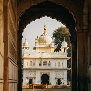 The grand Gurudwara Data Bandi Chhod Sahib, nestled within the historic Gwalior Fort, showcases numerous domes and gleaming gold details.