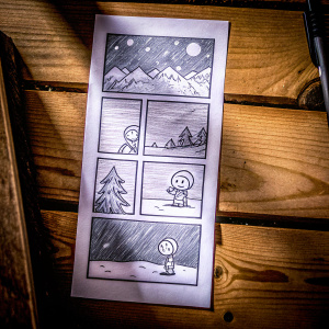 A hand-drawn, monochrome comic strip featuring a stick figure named StickMan embarking on an adventurous journey through various scenes on a plain background.