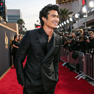 Charles Melton, of Asian descent, in a sleek black suit. Smiling confidently at a Hollywood Awards ceremony, surrounded by red carpet frenzy.