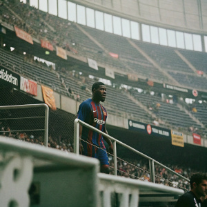 Samuel Umtiti, footballer, wearing jersey with team logo. Standing in front of crowded stadium. The backdrop features banners and advertisements.