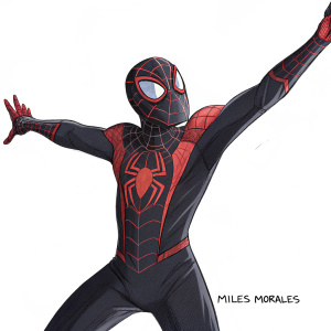 Illustration of Miles Morales as Spider-Man. Dynamic pose, arms spread wide. Dark, web-patterned suit with red chest emblem. Background is stark white. Bold lines, vibrant colors. Artist's signature at bottom right.