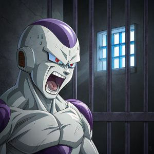 Digital illustration of Frieza, Dragon Ball Super villain, enraged inside a jail cell. Dark background with tiny, glowing blue window. Anime style.
