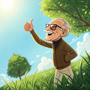 Stan Lee, iconic figure, giving a thumbs-up gesture outdoors. Bright sunny day, green grass background.