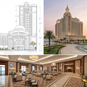 Renovation of Sheraton Doha Hotel, Doha, Qatar. Detailed blueprint, intricate interior design, and majestic exterior showcased.