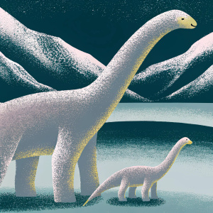 Hand-painted digital artwork featuring an adult and baby Macrauchenia. Ice Age landscape background.