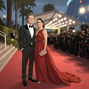 JJ Feild and Neve Campbell at the Cannes Film Festival. He is in a black tuxedo, she wears a long red gown. Crowds and flashing lights in background