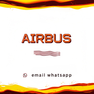 Airbus corporate logo featuring clean, modern font. Includes contact information for email and WhatsApp.