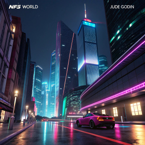 Digital 3D artwork named 'NFS World' created by Jude Godin. Futuristic cityscape with sleek, modern architecture and neon lights