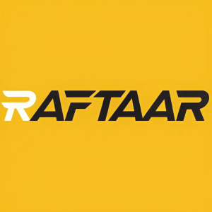A bold, modern logo for 'Raftaar'. Brand name in contrasting color against a vibrant yellow background.