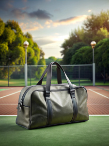 sport bag advertising, tennis court background