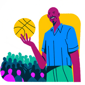 Kareem Abdul-Jabbar, towering figure with a bald head and mustache, wearing a blue polo shirt. At a basketball hall of fame ceremony, cheering crowd in background