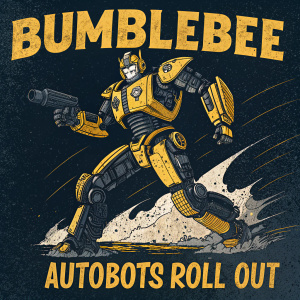 Digital art of Bumblebee from Transformers. Dark background, dynamic action pose, grunge style, bold text 'Bumblebee' and 'Autobots roll out'. Black and yellow color scheme.