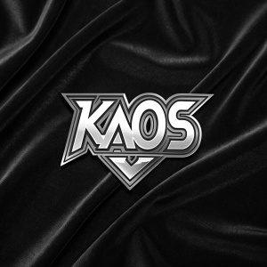 Illustration of the KAOS logo. Silver, 3D design on black velvet backdrop. Words 'KAOS' centered and bold.