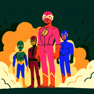 Promotional poster for Arrowverse crossover event. The Flash stands prominently in the center, wearing a distinctive helmet-like mask and a vibrant red suit. Surrounded by other iconic Arrowverse heroes like Oliver Queen, Barry Allen, and Cisco Ramon in their signature costumes. Set against a dynamic, fiery explosion background with a warm-toned color palette.