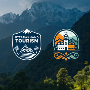 Illustration of Uttarakhand Tourism logo in two variations. Original on left, revised with slogan on right. Dark background, stylized with Indian and modern text design.