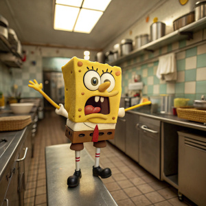 SpongeBob SquarePants, wide eyes, mouth agape, arms outstretched in shock, standing in the Krusty Krab kitchen.