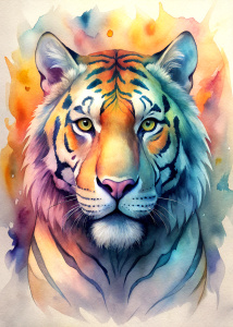 
high quality, logo style, Watercolor, powerful colorful tiger face logo facing forward, monochrome background, awesome full color,

