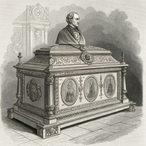 Ornate casket presented to William Ewart Gladstone in Liverpool, England, late 19th century. Central panel features a prominent figure in a classical style, with detailed engraving and ornamental elements.