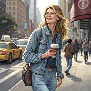 Angela Lindvall on a bustling city street, wearing a casual denim jacket and jeans. She's holding a coffee cup and smiling warmly.