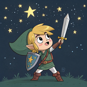 Cartoony illustration of young Chibi Link from Legend of Zelda, fair skin, blonde hair, holding a sword. Background is dark and starry