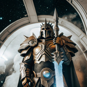 Arthas, the Lich King, standing in a futuristic universe. Wears intricate armor with gold and silver tones, holding a blue-tinted sword. Dark space-themed backdrop.