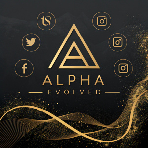 Alpha Evolved brand identity. Minimalist logo featuring golden triangle and sleek, modern font. Dark, sophisticated background with subtle gold highlights. Social media icons for Twitter, Facebook, and Instagram included.