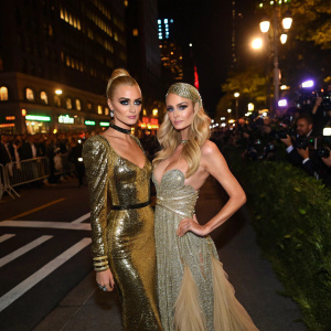 Cara Delevingne and Paris Hilton at the Met Gala. Nighttime street scene with flashing lights and crowds.