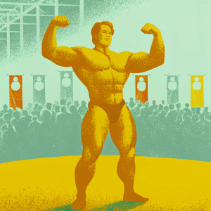 Arnold Schwarzenegger flexing his muscles in front of a crowd at a fitness expo.