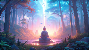 A person meditating in a lush forest at sunrise, with soft rays of sunlight filtering through the trees, gentle birdsong, and a light breeze rustling the leaves.