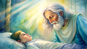 In the Bible, in ancient times, in the upper room of the house, Elijah, who had short white hair, put the child who was sleeping with his eyes closed on the bed, and called to the Lord and said