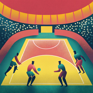 Advertisement for Pro Kabaddi League. Young men in action poses, vibrant stadium with spectators in background, promotional logos and branding elements.